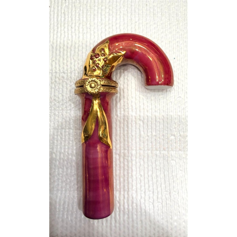 Limoges Porcelain Pink and Gold "Christmas Candy Cane" Keepsake Trinket Box